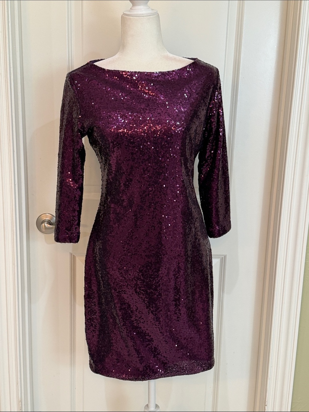 Sequin Boatneck 3/4 Sleeve Sheath Evening Cocktail Dress in Deep Plum Purple